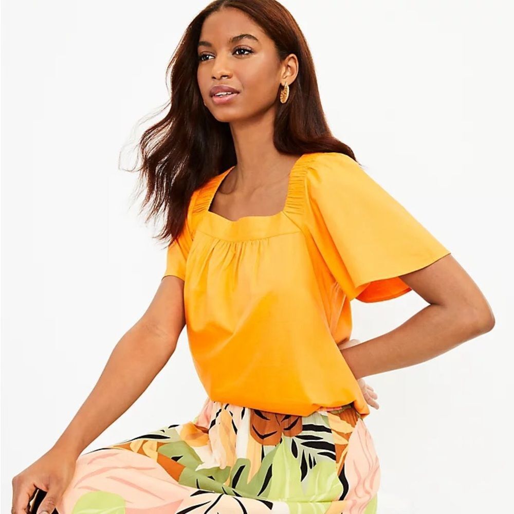 Loft Petite Flutter Sleeve Square Neck tangerine Top Orange cotton modal Large